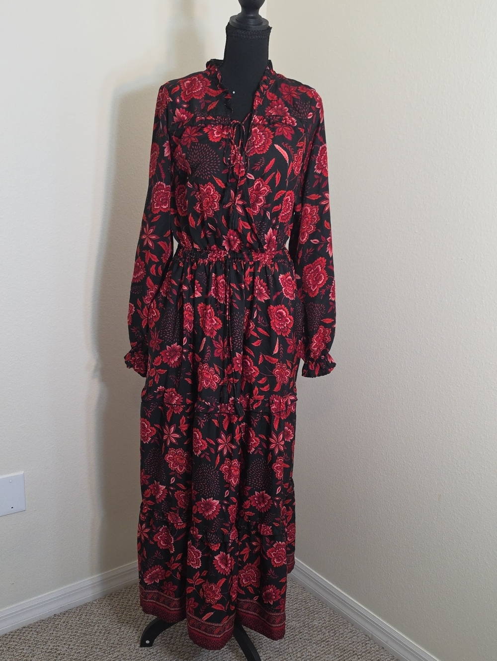 Black Maxi Dress with Red Floral Print and Tie Neck Detail